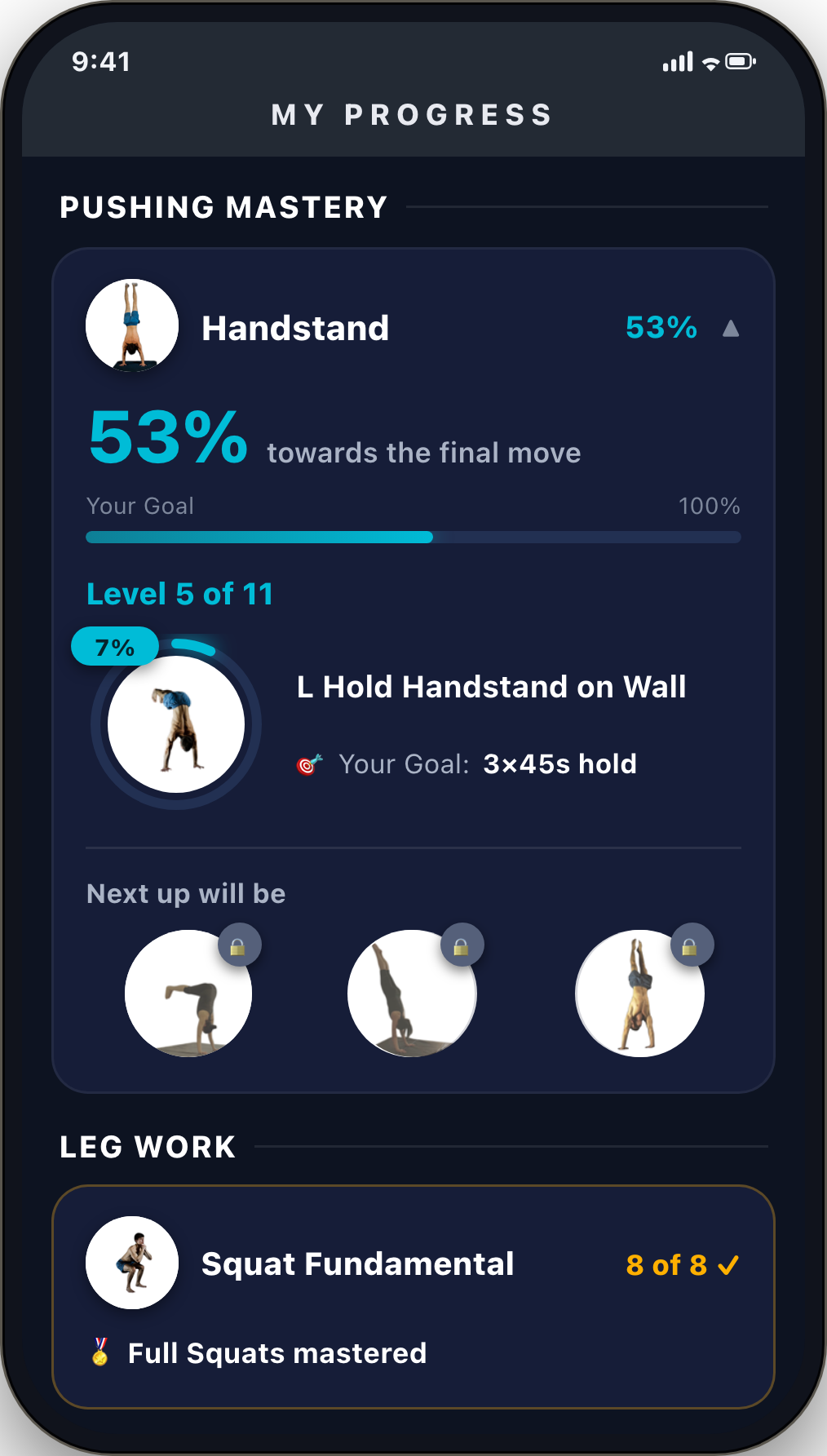 Handstand progression showing current mastery and upcoming levels
