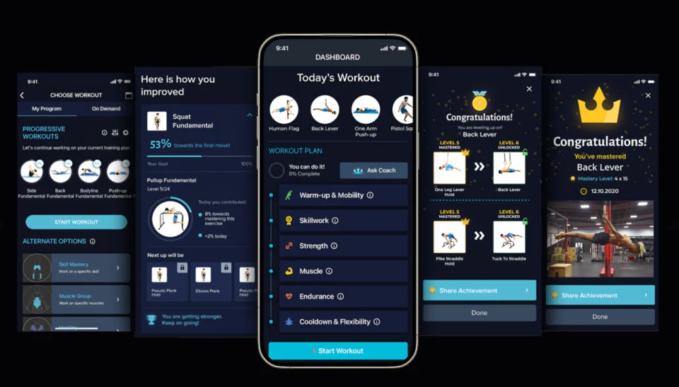 The Movement Athlete app: personalised daily workout, progress tracking and skill mastery screens