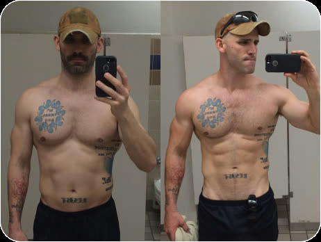 Member before-and-after mirror photos showing visible strength and physique progress