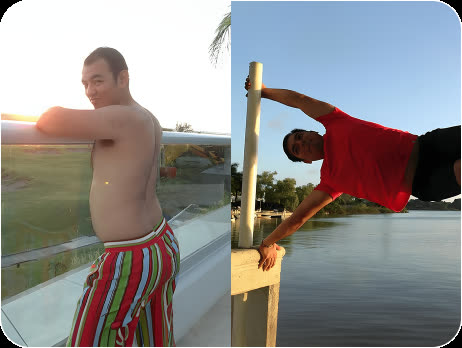 Member before photo on holiday, and the same member later holding a human flag on a post by a lake