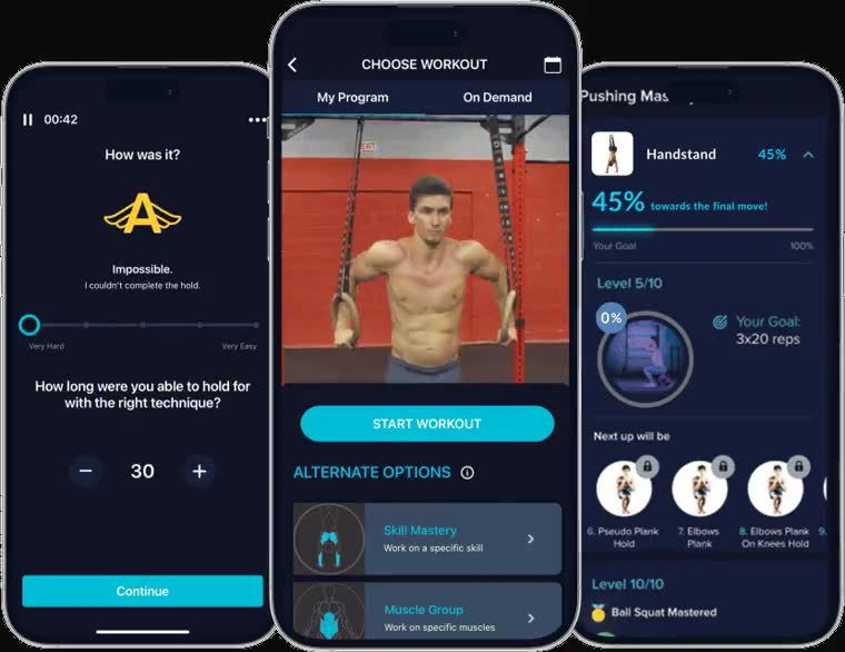 TMA app screens: effort-rating control and completed hold duration, workout selection, and handstand progression