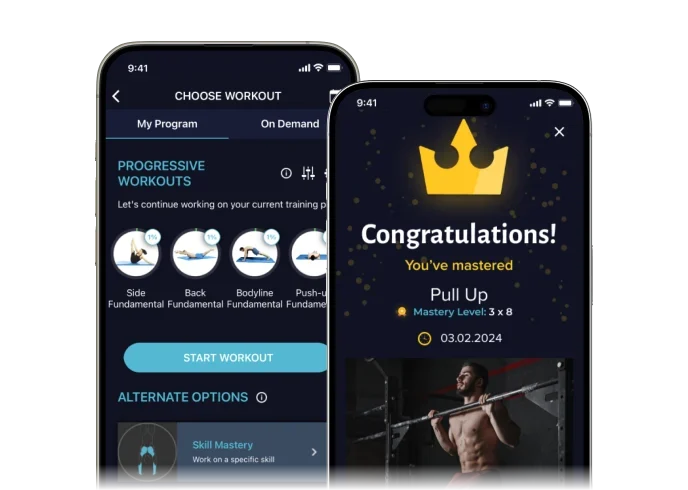 Two TMA app screens: the workout picker and a mastery celebration screen for the pull-up