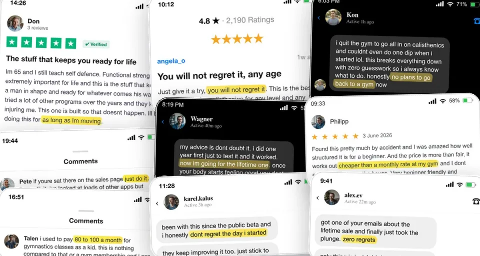 Collage of real member reviews and messages: five-star reviews, a 4.8-star 2,190-rating store card, and member DMs about quitting the gym for TMA
