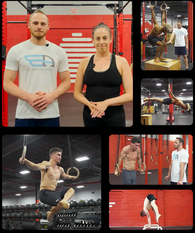 The TMA coaching team in the gym — coaches spotting members through ring work, box jumps, handstands and levers